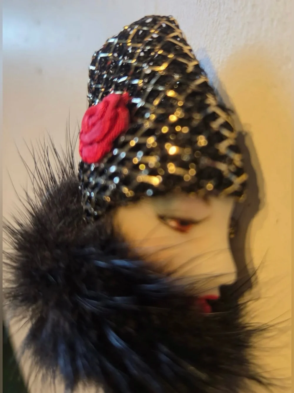Vintage Lady Face Brooch Black Feather Fur Collar Red Rose Hat Pin